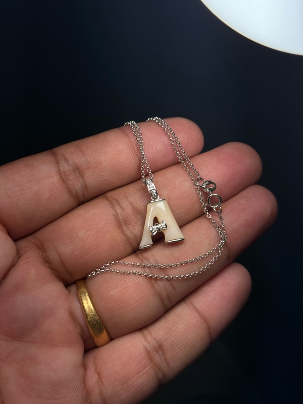 14K White Gold “A” Initial Pendant with  925 Sterling Silver Chain 16” Pre-Owned